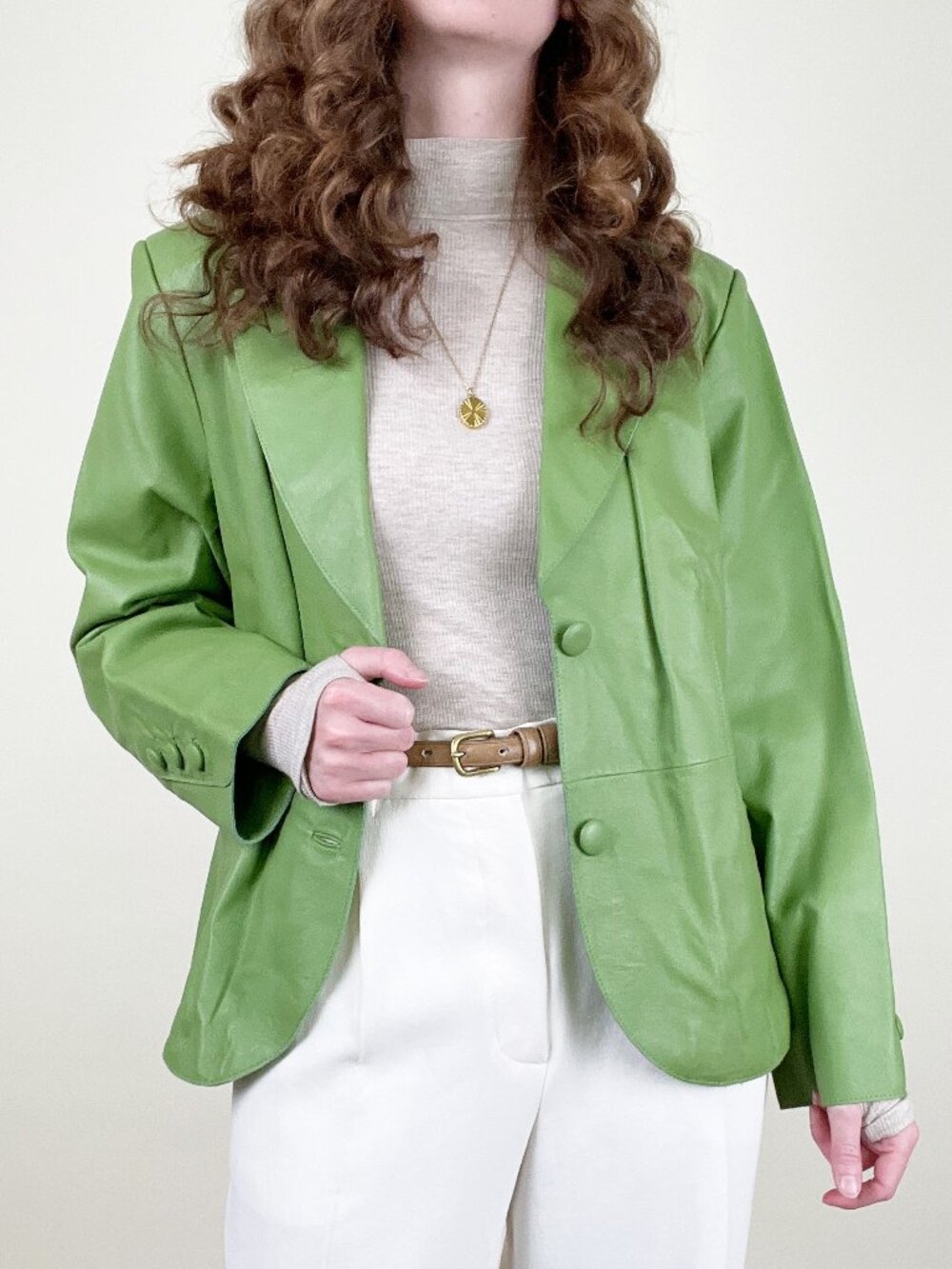 Vintage Y2K Leather Blazer Jacket Coat Green Funky Unique Whimsical Light 2000s